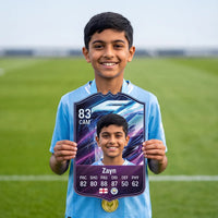 Boy in a Manchester City shirt with a medal holding his custom FC27 Hero football card on a football pitch
